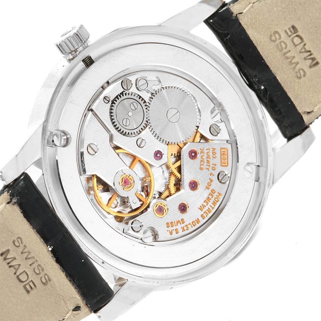 The image shows the rear view of a Rolex Cellini 5116 Men's White Gold Black Dial 5116 Men's White Gold Black Dial watch, detailing the internal mechanical movement and parts.