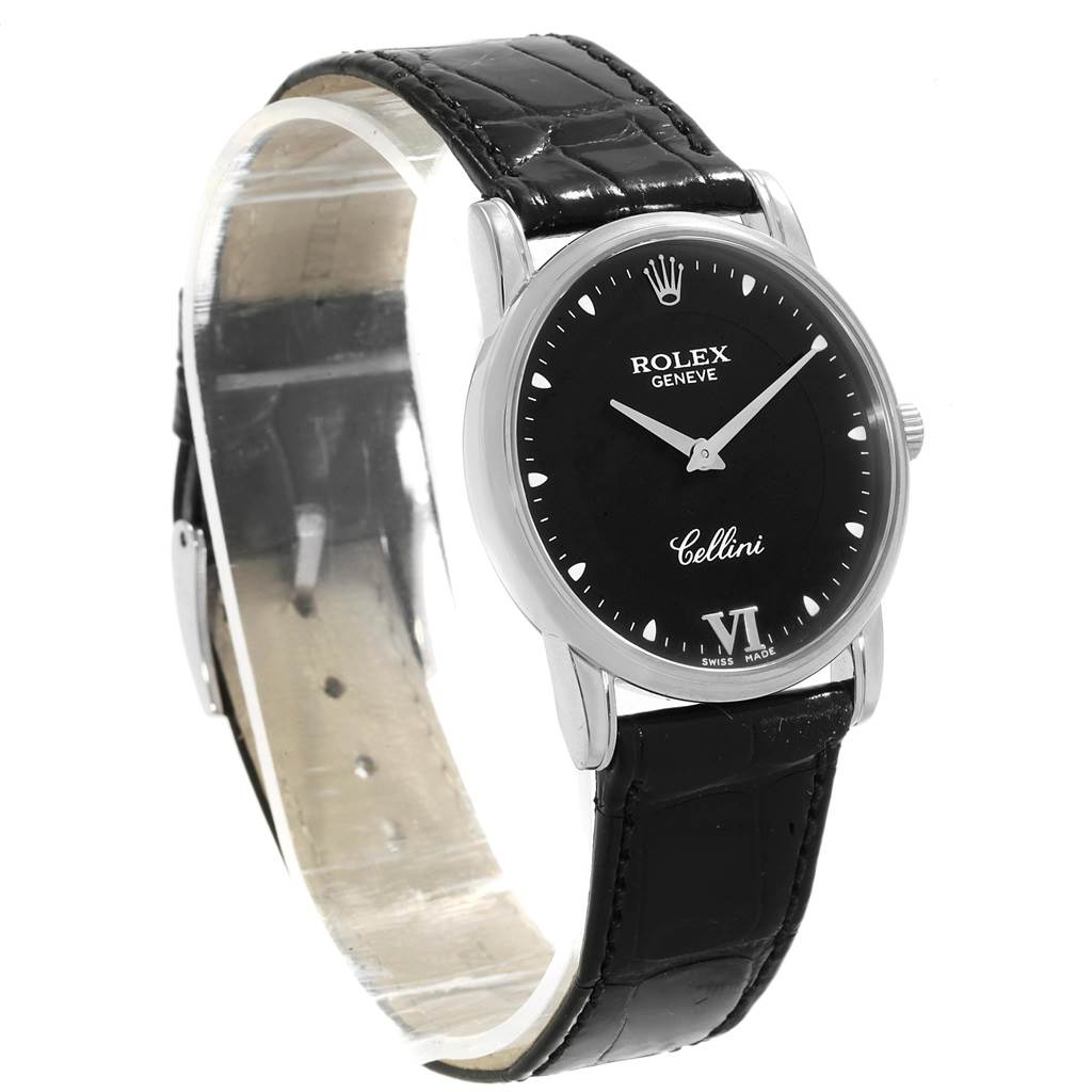This image shows a Rolex Cellini 5116 Men's White Gold Black Dial 5116 Men's White Gold Black Dial watch at a three-quarter angle, focusing on the watch face and leather strap.