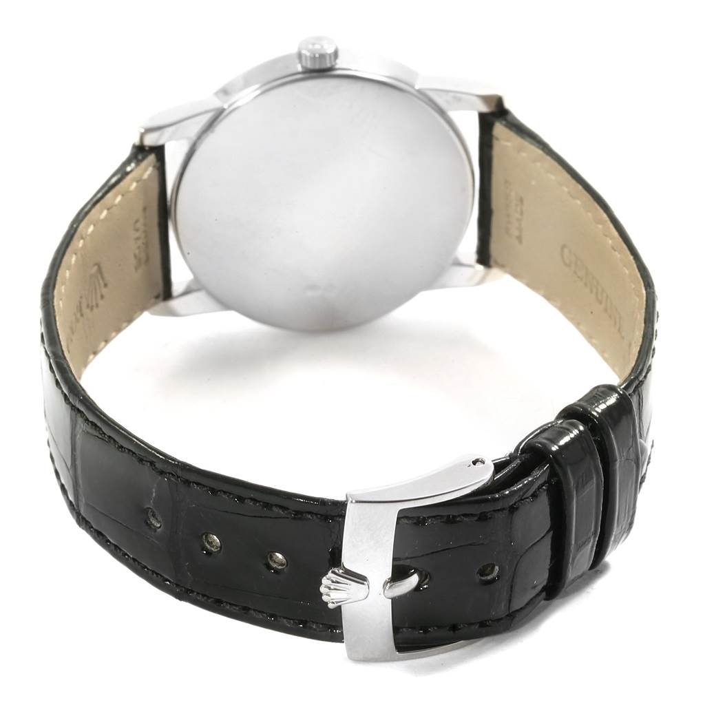 This image shows the back of a Rolex Cellini 5116 Men's White Gold Black Dial 5116 Men's White Gold Black Dial watch, highlighting the leather strap and metal buckle.