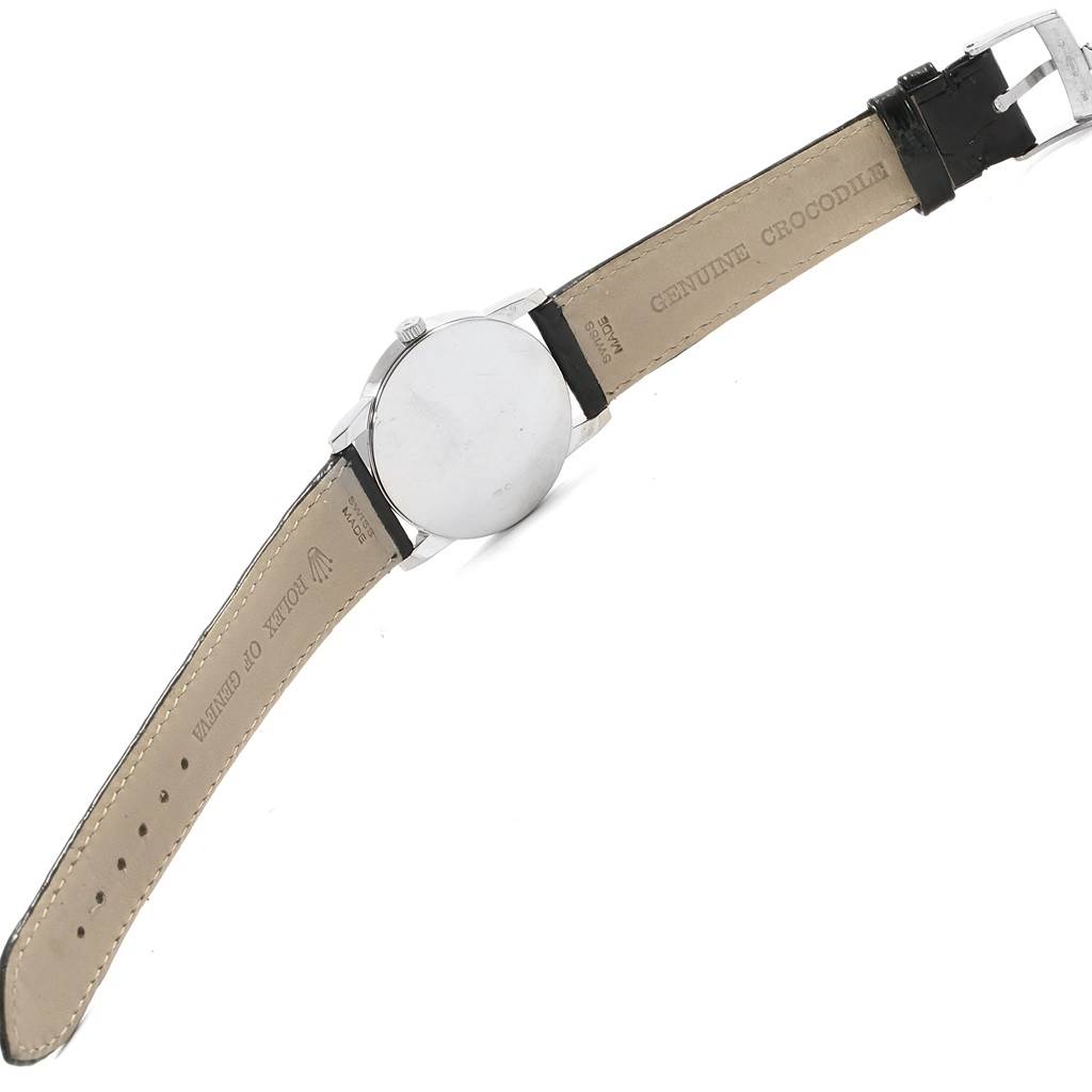 This image shows the back view of a Rolex Cellini 5116 Men's White Gold Black Dial 5116 Men's White Gold Black Dial watch, highlighting the strap and clasp.