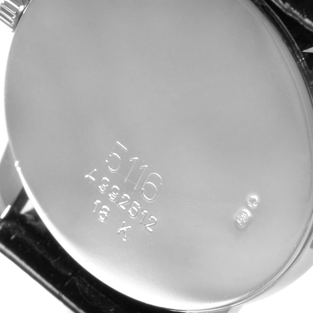 This image shows the back case of a Rolex Cellini 5116 Men's White Gold Black Dial 5116 Men's White Gold Black Dial watch, featuring engraved details and seen at a slight angle.