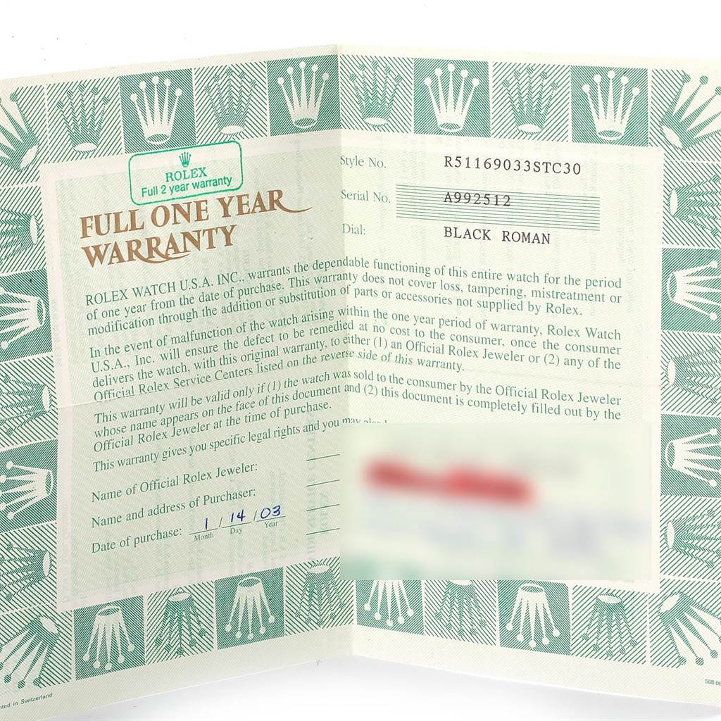 This image shows the warranty card for a Rolex Cellini 5116 Men's White Gold Black Dial 5116 Men's White Gold Black Dial model, detailing purchase and warranty information.