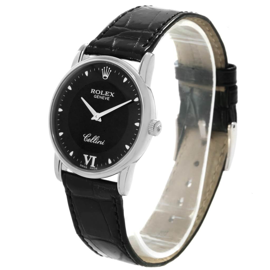 The image shows a Rolex Cellini 5116 Men's White Gold Black Dial 5116 Men's White Gold Black Dial watch from a front angle, displaying the face, case, crown, and leather strap.