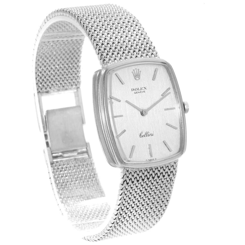The image shows a side angle of the Rolex Cellini 4086 Men's White Gold Silver Dial 4086 Men's White Gold Silver Dial watch, highlighting its face, crown, and mesh band.