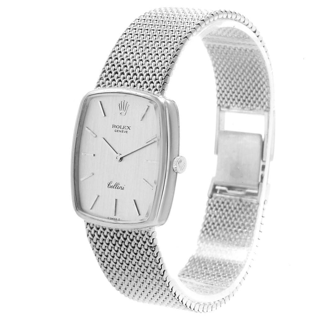 The image shows a Rolex Cellini 4086 Men's White Gold Silver Dial 4086 Men's White Gold Silver Dial watch at an angle displaying its mesh strap, dial, and crown.