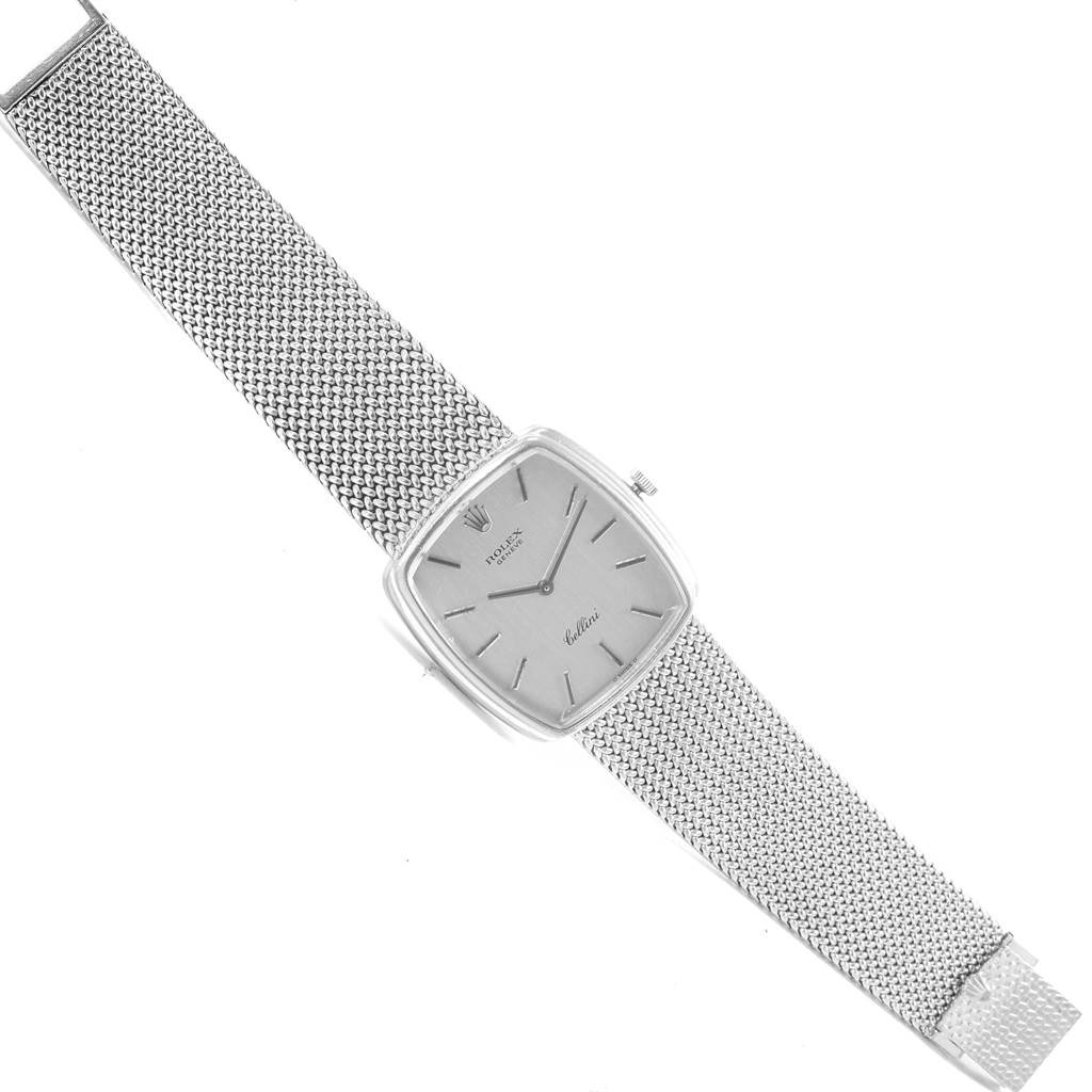 The image shows a Rolex Cellini 4086 Men's White Gold Silver Dial 4086 Men's White Gold Silver Dial watch from a top-down angle, highlighting its face and mesh bracelet.