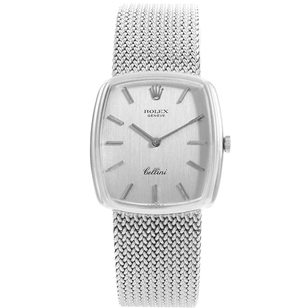 The image shows a Rolex Cellini 4086 Men's White Gold Silver Dial 4086 Men's White Gold Silver Dial watch from a front angle, displaying its dial, hands, crown, and woven metal bracelet.