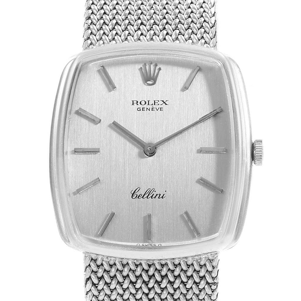 The image shows a front view of a Rolex Cellini 4086 Men's White Gold Silver Dial 4086 Men's White Gold Silver Dial watch, highlighting its dial, crown, and textured metal band.