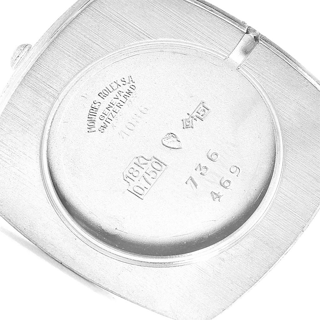 This image shows the back case of a Rolex Cellini 4086 Men's White Gold Silver Dial 4086 Men's White Gold Silver Dial watch from a rear angle, displaying engravings.