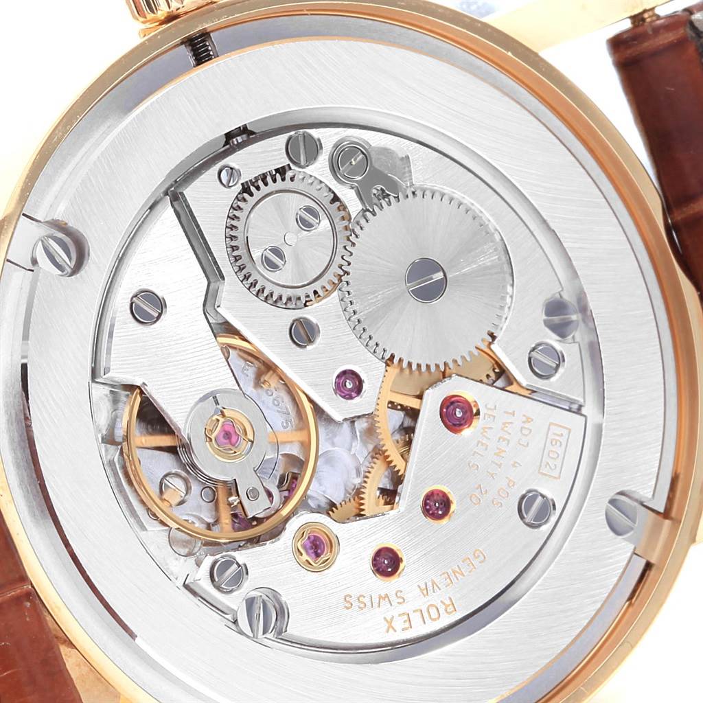 The image shows the intricate inner mechanical movement of a Rolex Cellini 5115 Men's Beige Dial 5115 Men's Beige Dial watch viewed from the back.