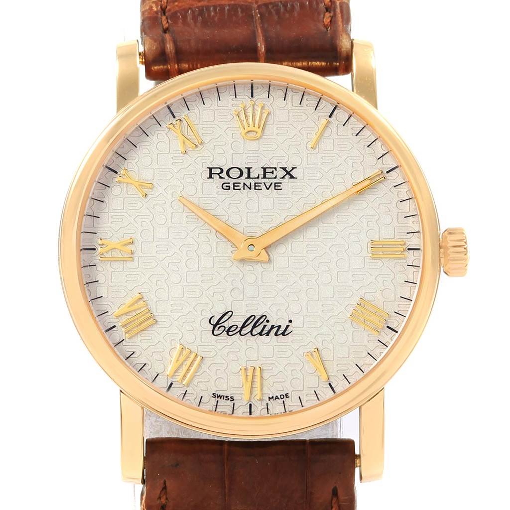 The image shows a frontal view of a Rolex Cellini 5115 Men's Beige Dial 5115 Men's Beige Dial watch, highlighting its dial, hands, and parts of the leather strap.