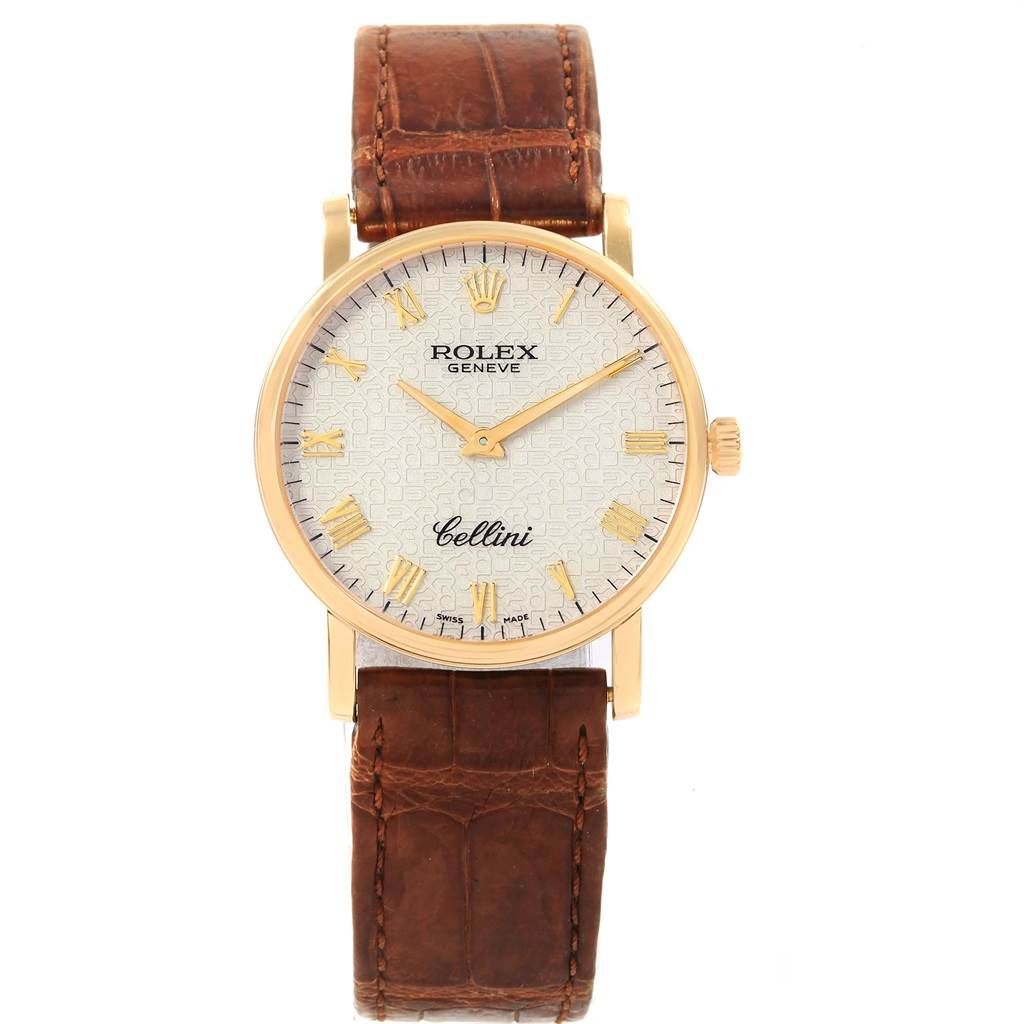 The image shows a front view of a Rolex Cellini 5115 Men's Beige Dial 5115 Men's Beige Dial watch, featuring its dial, hands, and brown leather strap.
