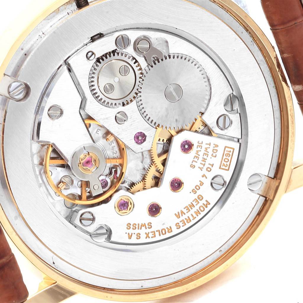 This is a close-up view of the movement and internal gears of a Rolex Cellini 5115 Men
s Yellow Gold Champagne Dial 5115 Men
s Yellow Gold Champagne Dial watch.