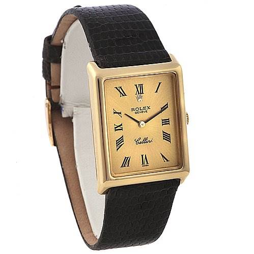 The image shows a Rolex Cellini 4105 Men's Yellow Gold Champagne Dial 4105 Men's Yellow Gold Champagne Dial watch at a slightly angled side view, showcasing the watch face, case, strap, and crown.