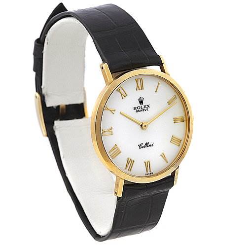 The image shows a Rolex Cellini 4112 Men's Yellow Gold White Dial 4112 Men's Yellow Gold White Dial watch at a slight angle, displaying its gold bezel, white dial with Roman numerals, and black leather strap.