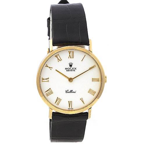 The Rolex Cellini 4112 Men's Yellow Gold White Dial 4112 Men's Yellow Gold White Dial watch is shown from a front angle, displaying its round white dial with Roman numerals, gold casing, and black leather strap.