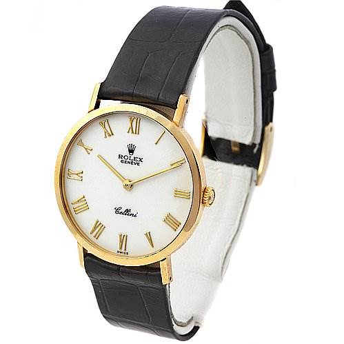The Rolex Cellini 4112 Men's Yellow Gold White Dial 4112 Men's Yellow Gold White Dial watch is shown at an angled top view, displaying its round dial, gold case, and leather strap.