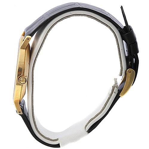 This image shows a side view of the Rolex Cellini 4112 Men's Yellow Gold White Dial 4112 Men's Yellow Gold White Dial watch, highlighting its golden case and black leather strap.