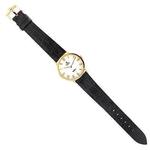 The image shows a full frontal view of a Rolex Cellini 4112 Men's Yellow Gold White Dial 4112 Men's Yellow Gold White Dial watch, featuring a gold bezel, white dial, and black leather strap.