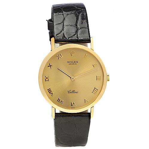 The image shows a front view of a Rolex Cellini 4112 Men's Yellow Gold Champagne Dial 4112 Men's Yellow Gold Champagne Dial watch with a gold dial, Roman numerals, and a black leather strap.