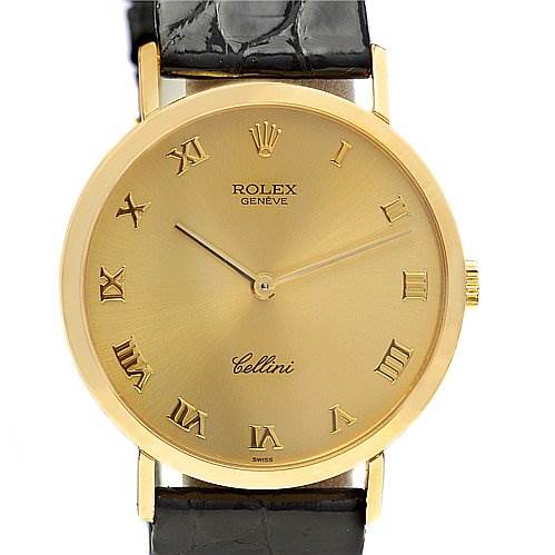 The Rolex Cellini 4112 Men's Yellow Gold Champagne Dial 4112 Men's Yellow Gold Champagne Dial model watch is shown from a straight-on angle, displaying its gold face, Roman numerals, and black leather strap.