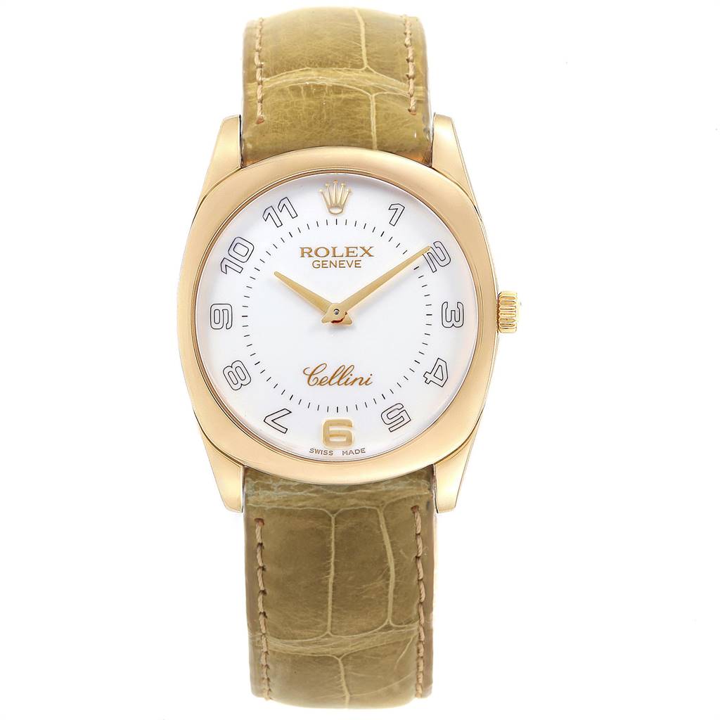This image shows a front view of a Rolex Cellini 4233 Men's Yellow Gold White Dial 4233 Men's Yellow Gold White Dial watch, featuring its face, bezel, crown, and leather strap.