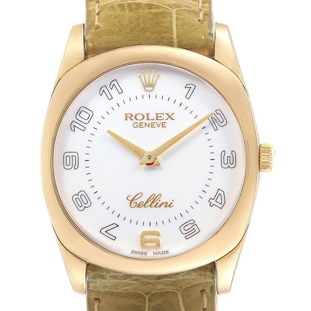 The image shows a Rolex Cellini 4233 Men's Yellow Gold White Dial 4233 Men's Yellow Gold White Dial watch from a front angle, clearly displaying the dial, crown, and a part of the strap.