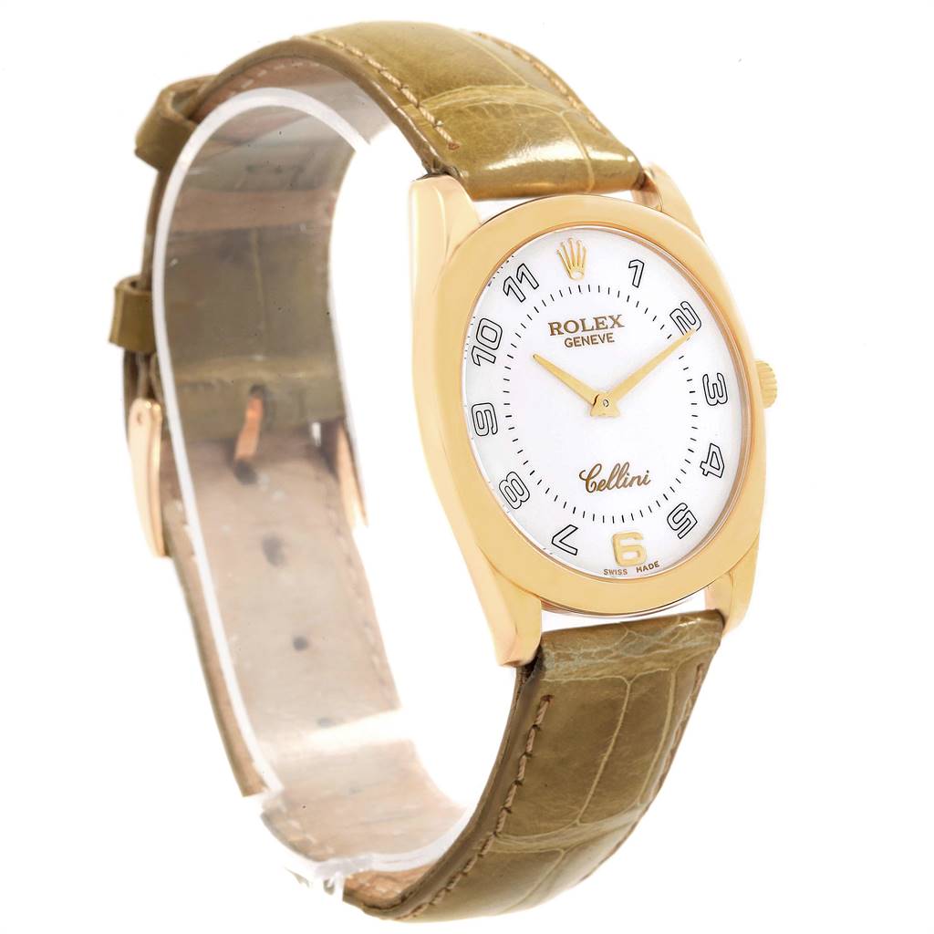 The image shows a Rolex Cellini 4233 Men's Yellow Gold White Dial 4233 Men's Yellow Gold White Dial watch at a three-quarter angle from the front, highlighting the dial, bezel, and strap.