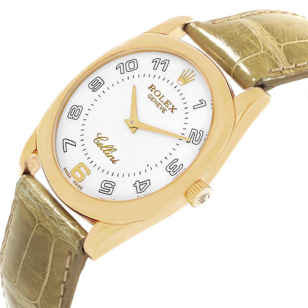 This image shows a Rolex Cellini 4233 Men's Yellow Gold White Dial 4233 Men's Yellow Gold White Dial watch at a slightly tilted angle, highlighting its face, golden case, crown, and leather strap.