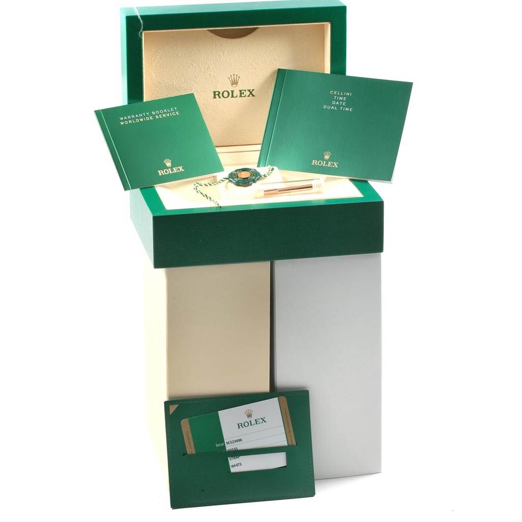 The image shows the box, warranty booklets, and authentication card for a Rolex Cellini 50535 Men's Rose Gold White Dial 50535 Men's Rose Gold White Dial model watch.