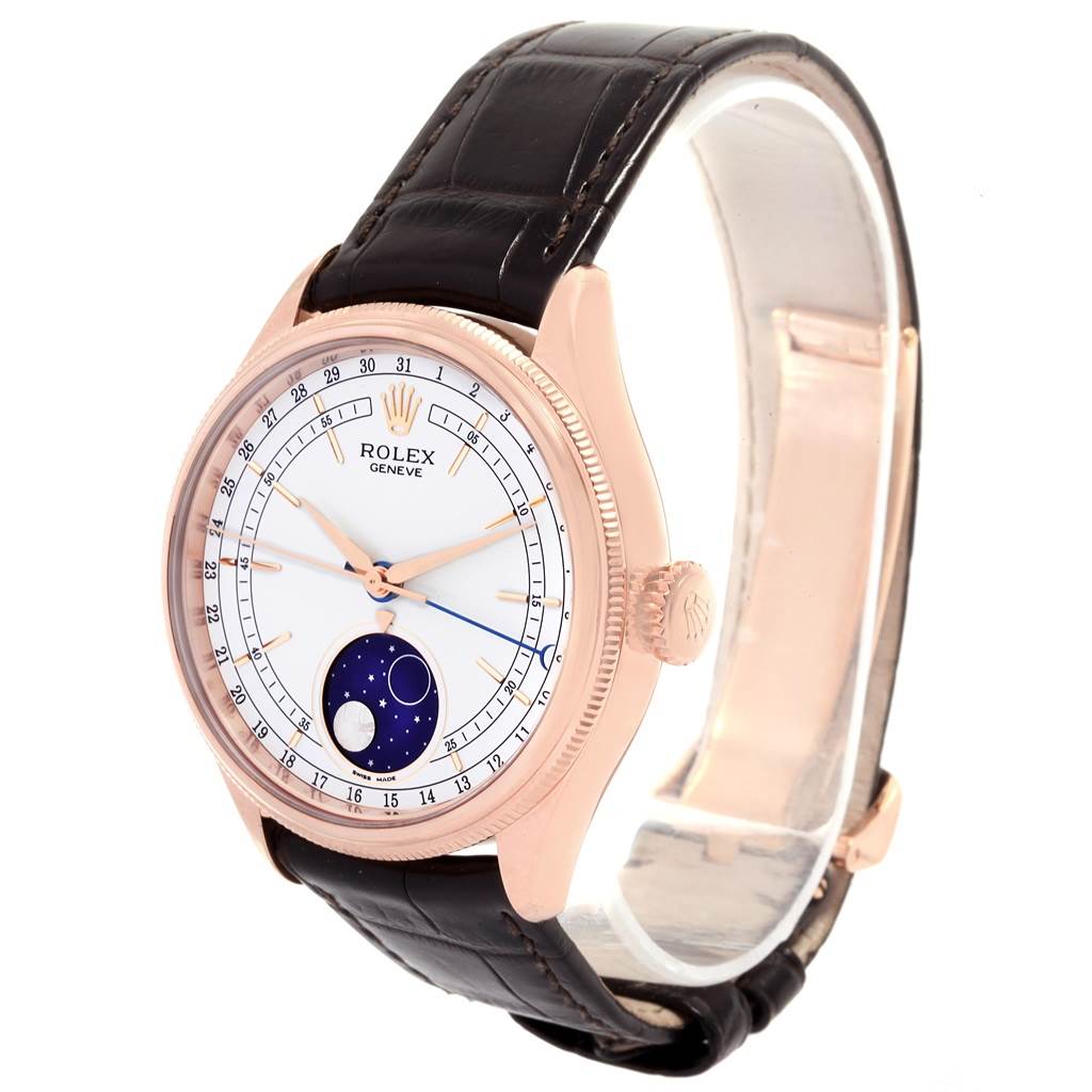 The image shows a Rolex Cellini 50535 Men's Rose Gold White Dial 50535 Men's Rose Gold White Dial watch at a three-quarters angle, highlighting the dial, case, crown, and leather strap.