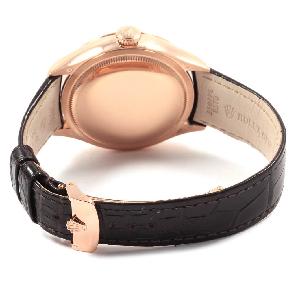 The image shows the back case and strap of a Rolex Cellini 50535 Men's Rose Gold White Dial 50535 Men's Rose Gold White Dial watch, highlighting the crown and clasp.