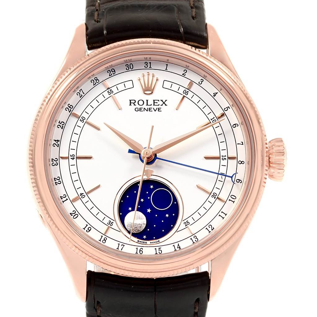 This Rolex Cellini 50535 Men's Rose Gold White Dial 50535 Men's Rose Gold White Dial watch is shown from the front, displaying the dial, hands, and moon phase feature.
