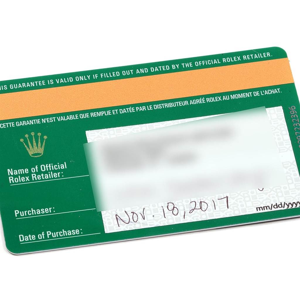 The image shows a warranty card for the Rolex Cellini 50535 Men's Rose Gold White Dial 50535 Men's Rose Gold White Dial model, featuring retailer information and purchase date.