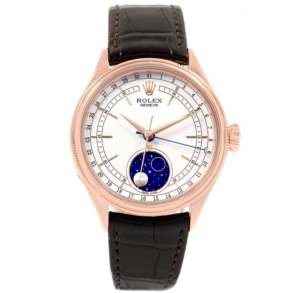 The Rolex Cellini 50535 Men's Rose Gold White Dial 50535 Men's Rose Gold White Dial watch is shown from a front angle, displaying the dial, hands, moon phase indicator, and strap.