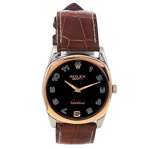 The image shows a frontal view of a Rolex Cellini 4233 Men's White Gold Black Dial 4233 Men's White Gold Black Dial watch with a black dial, gold bezel, and brown leather strap.
