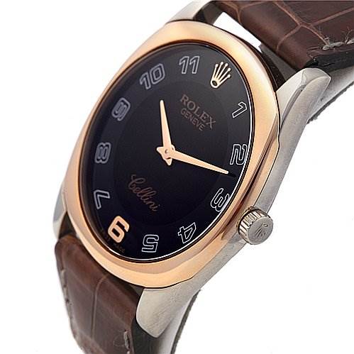 The image shows a close-up side view of the Rolex Cellini 4233 Men's White Gold Black Dial 4233 Men's White Gold Black Dial watch, highlighting the face, bezel, crown, and leather strap.