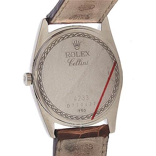 This image shows the back of a Rolex Cellini 4233 Men's White Gold Black Dial 4233 Men's White Gold Black Dial watch, highlighting the engraved model details and leather strap.
