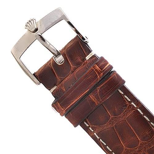 The image shows a close-up of the buckle and leather strap of a Rolex Cellini 4233 Men's White Gold Black Dial 4233 Men's White Gold Black Dial watch.