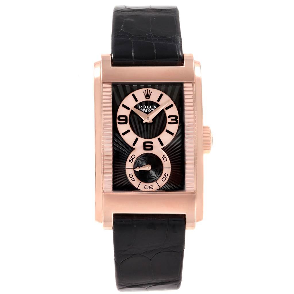 This image shows a frontal view of a Rolex Cellini 5442/5 Men's Rose Gold Black Dial 5442/5 Men's Rose Gold Black Dial model watch displaying its dial, case, and leather strap.