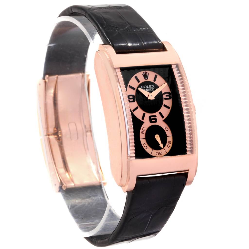 The image shows a front and side view of a Rolex Cellini 5442/5 Men's Rose Gold Black Dial 5442/5 Men's Rose Gold Black Dial watch with a black leather strap and rectangular rose gold case.