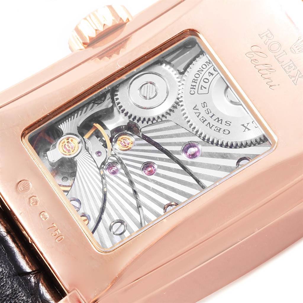 The image shows the back view of the Rolex Cellini 5442/5 Men's Rose Gold Black Dial 5442/5 Men's Rose Gold Black Dial watch, highlighting its intricate mechanical movement through a transparent case.