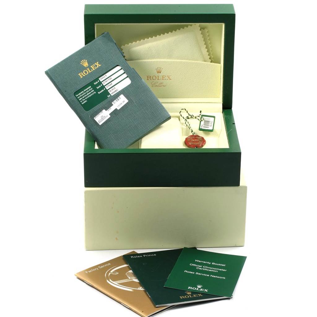 The image shows a Rolex Cellini 5442/5 Men's Rose Gold Black Dial 5442/5 Men's Rose Gold Black Dial watch box, warranty booklet, tags, service booklets, and a cleaning cloth.