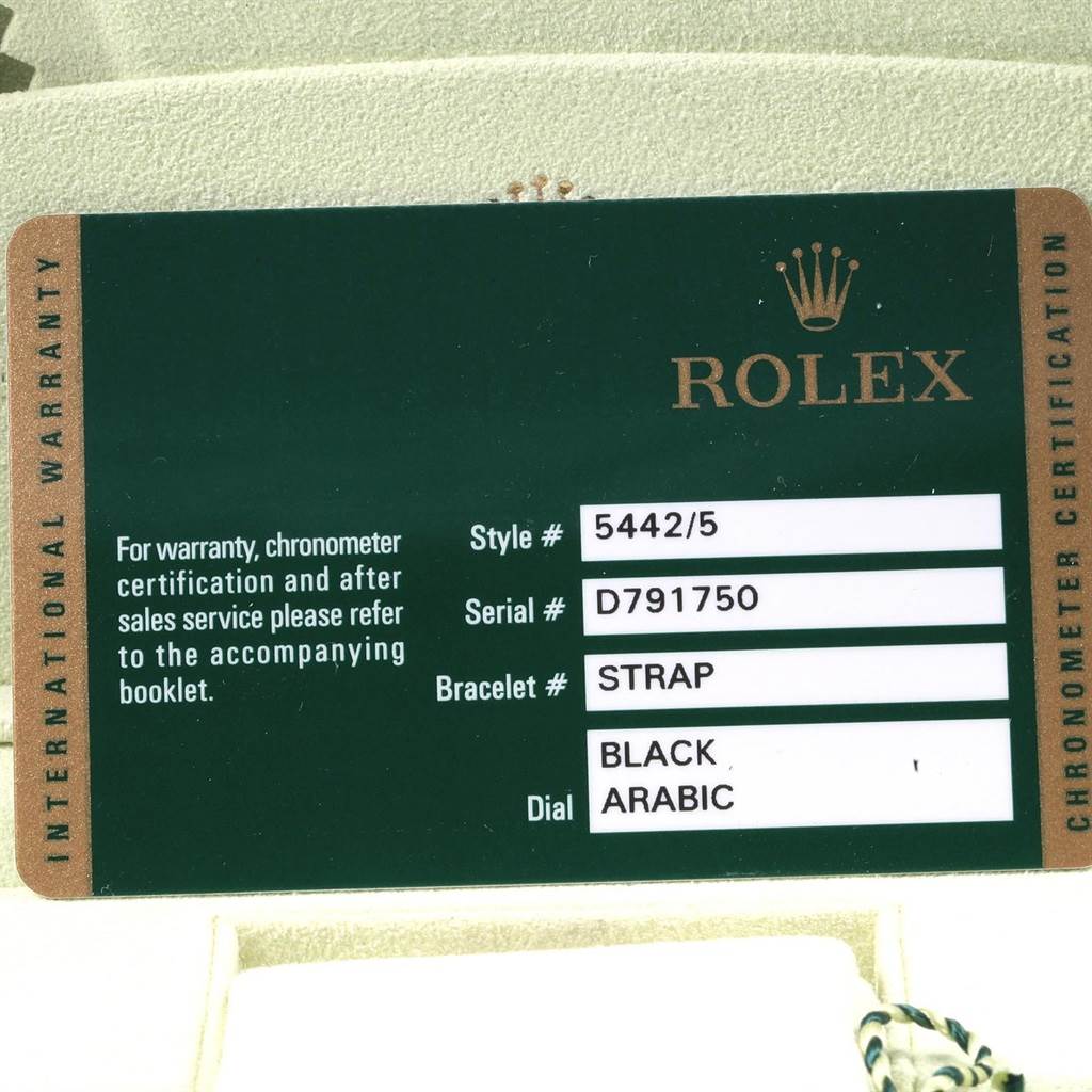The image shows the international warranty card for the Rolex Cellini 5442/5 Men's Rose Gold Black Dial 5442/5 Men's Rose Gold Black Dial model, displaying style, serial, bracelet, and dial information.