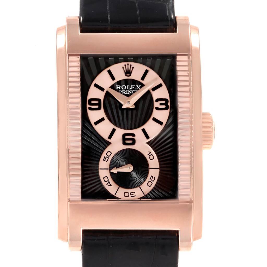 This image shows a front view of the Rolex Cellini 5442/5 Men's Rose Gold Black Dial 5442/5 Men's Rose Gold Black Dial Prince watch, highlighting the rectangular case and dual dials with a black leather strap.