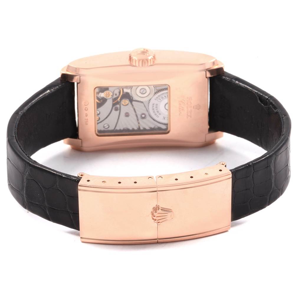 The image shows the back view of a Rolex Cellini 5442/5 Men's Rose Gold Black Dial 5442/5 Men's Rose Gold Black Dial watch, highlighting its movement, clasp, and black leather strap.