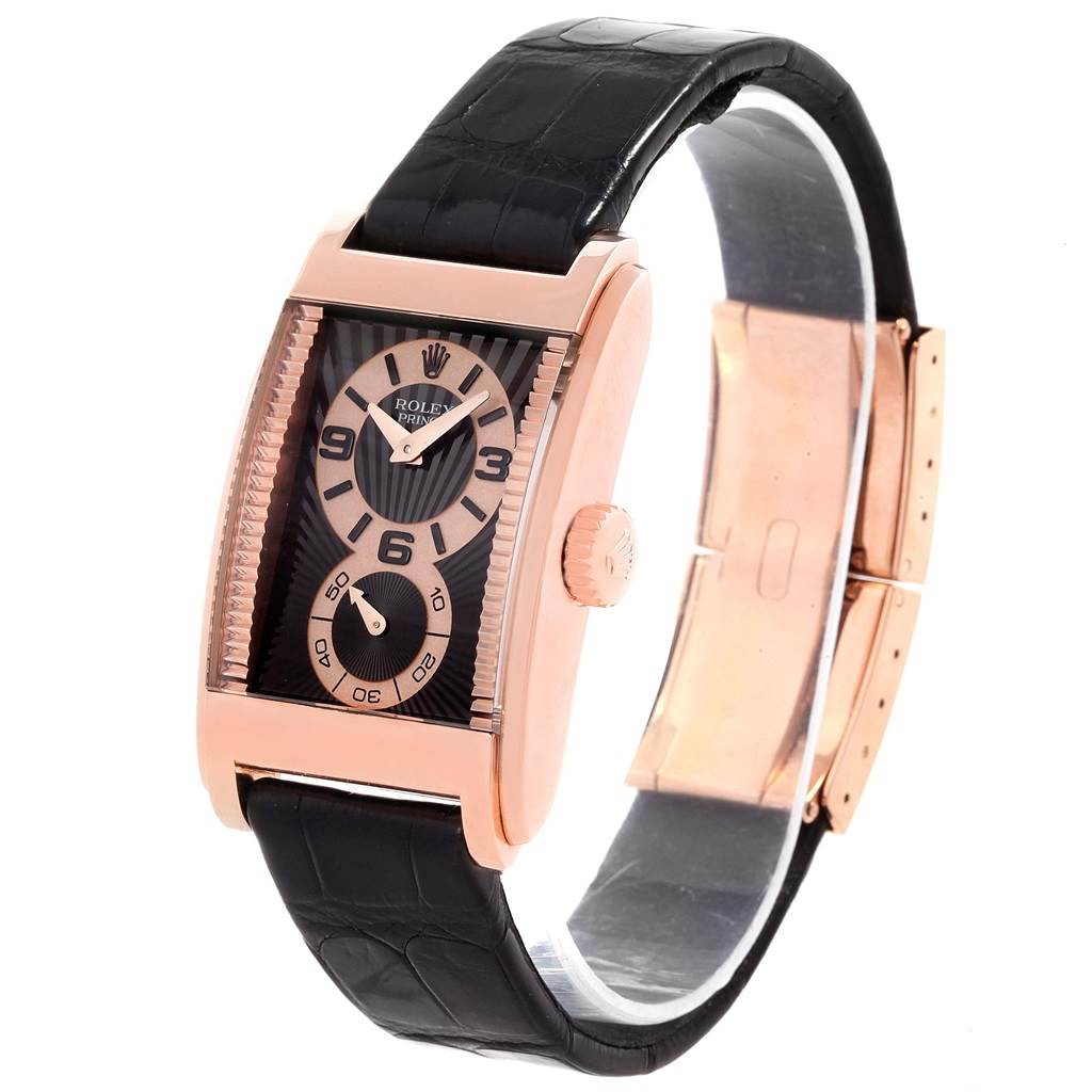 The Rolex Cellini 5442/5 Men's Rose Gold Black Dial 5442/5 Men's Rose Gold Black Dial watch is shown at a three-quarter angle, displaying the face, crown, and leather strap with clasp.