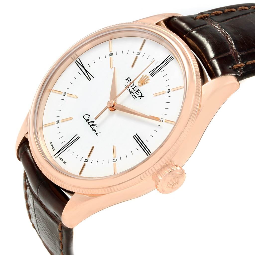 This image shows a Rolex Cellini 50505 Men's Rose Gold White Dial 50505 Men's Rose Gold White Dial watch at a slight angle, highlighting its dial, crown, and leather strap.