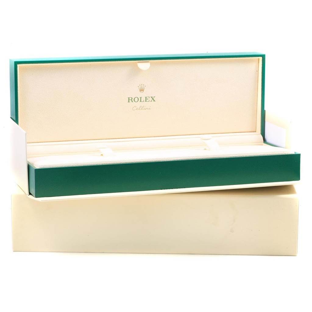 The image shows an open Rolex Cellini 50505 Men's Rose Gold White Dial 50505 Men's Rose Gold White Dial watch box, displayed from a straight-on angle.