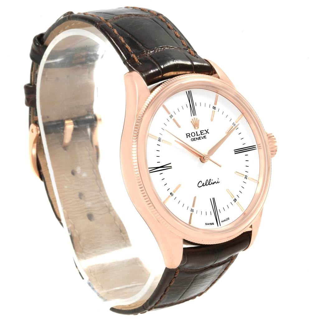 The image shows a Rolex Cellini 50505 Men's Rose Gold White Dial 50505 Men's Rose Gold White Dial watch from an angled side view, highlighting the watch face, case, and leather strap.